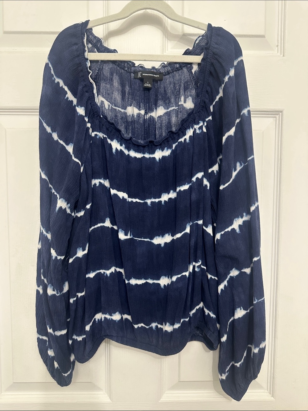 INC International Concepts Navy and White Tie-Dye Peasant Blouse